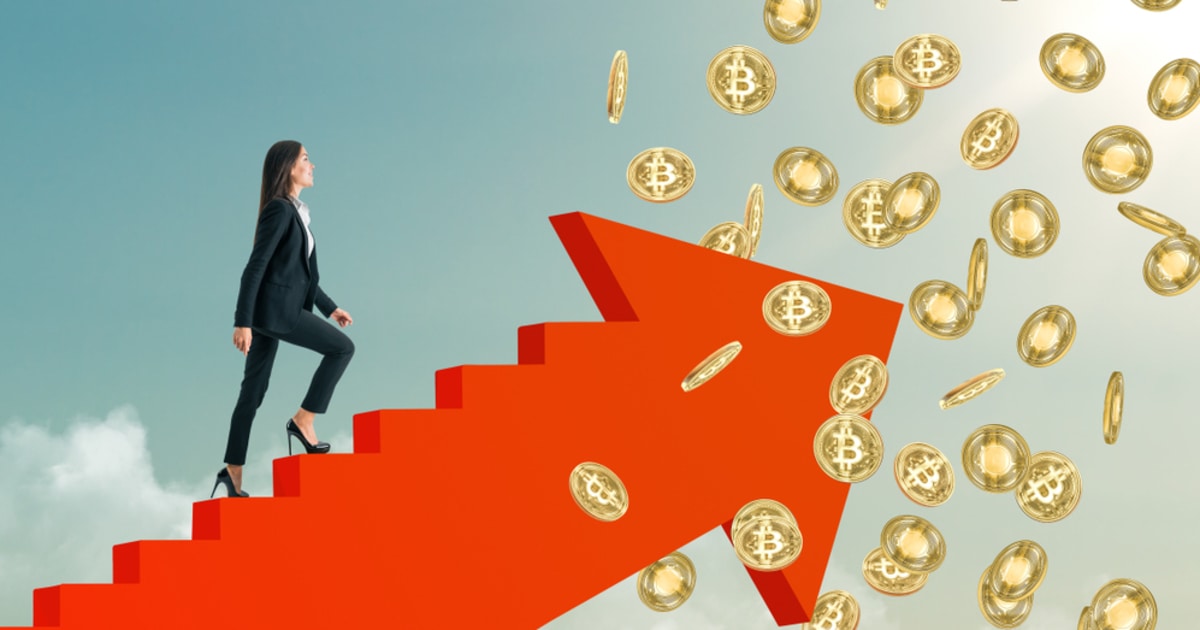 Businesswoman climbing red arrowing towards Bitcoin