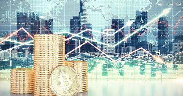 Bitcoin stacks and cryptocurrencies on stock charts and city background