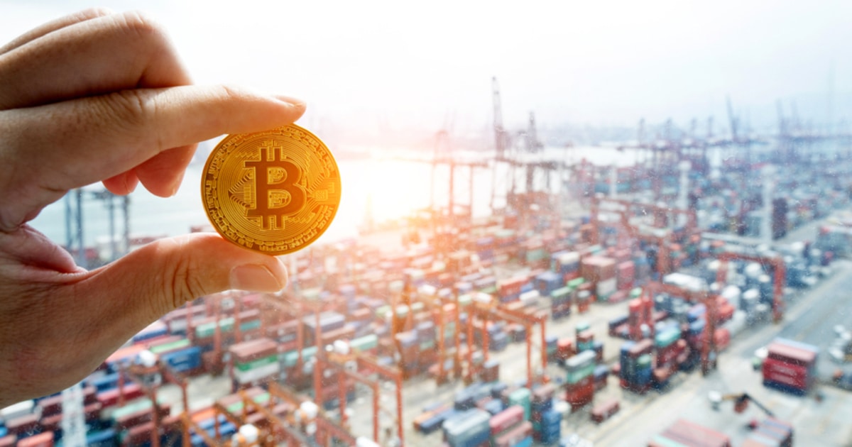 Bitcoin on harbor background